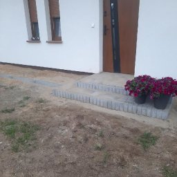 LT. Tom-Bud - Nowe drzwi wejściowe z brązowym panelem i czarnym paskiem, schody z kostki brukowej i donice z kwiatami przed białym domem.