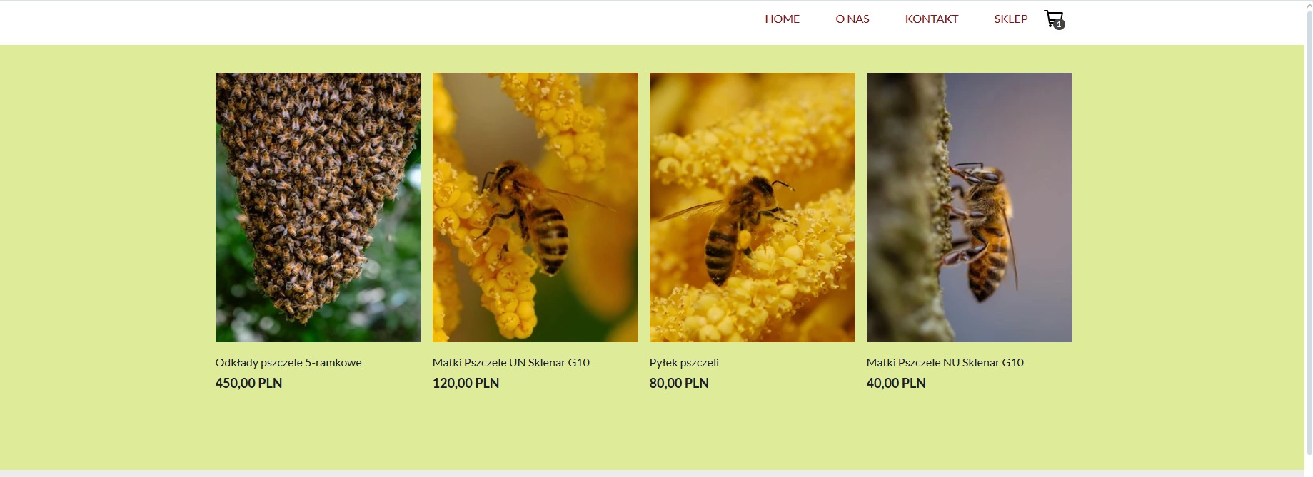 Zrzut ekranu strony internetowej z ofertą sprzedaży produktów pszczelich: odkładów, matek pszczelich i pyłku, z widocznym koszykiem zakupowym.