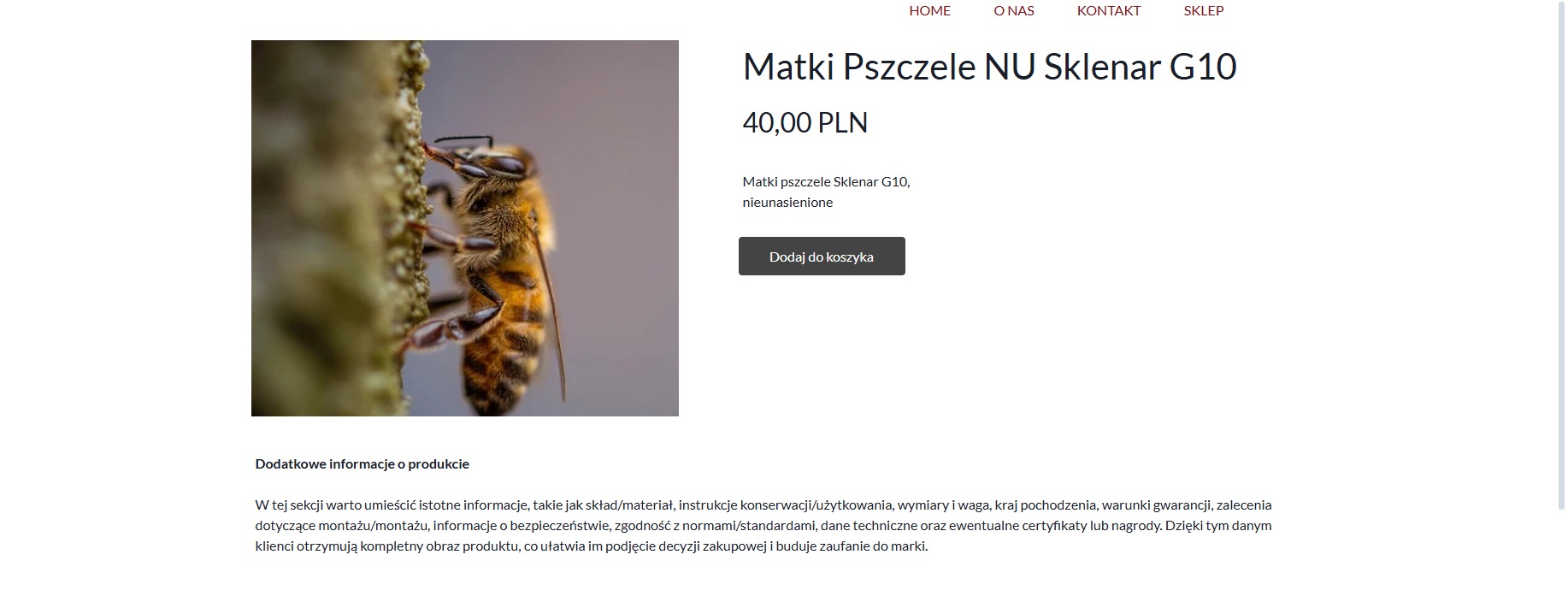 Strona internetowa sklepu z matkami pszczelimi NU Sklenar G10, widok z bliska na pszczołę na tle strony, z ceną i przyciskiem 'Dodaj do koszyka'.