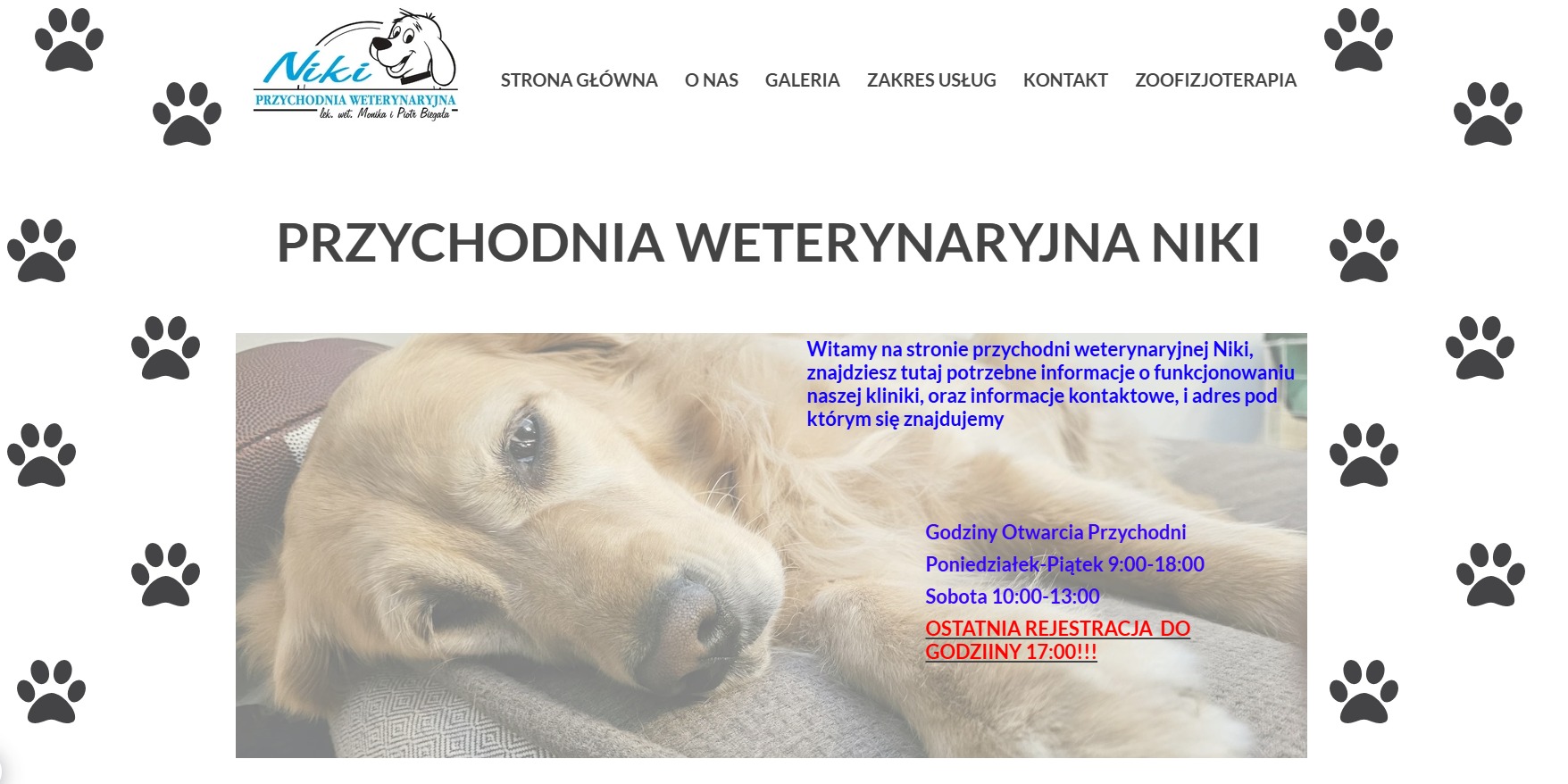 Strona internetowa przychodni weterynaryjnej Niki z psem, logo i menu nawigacyjnym. Informacje o godzinach otwarcia i rejestracji. Grafika z motywem psich łap.