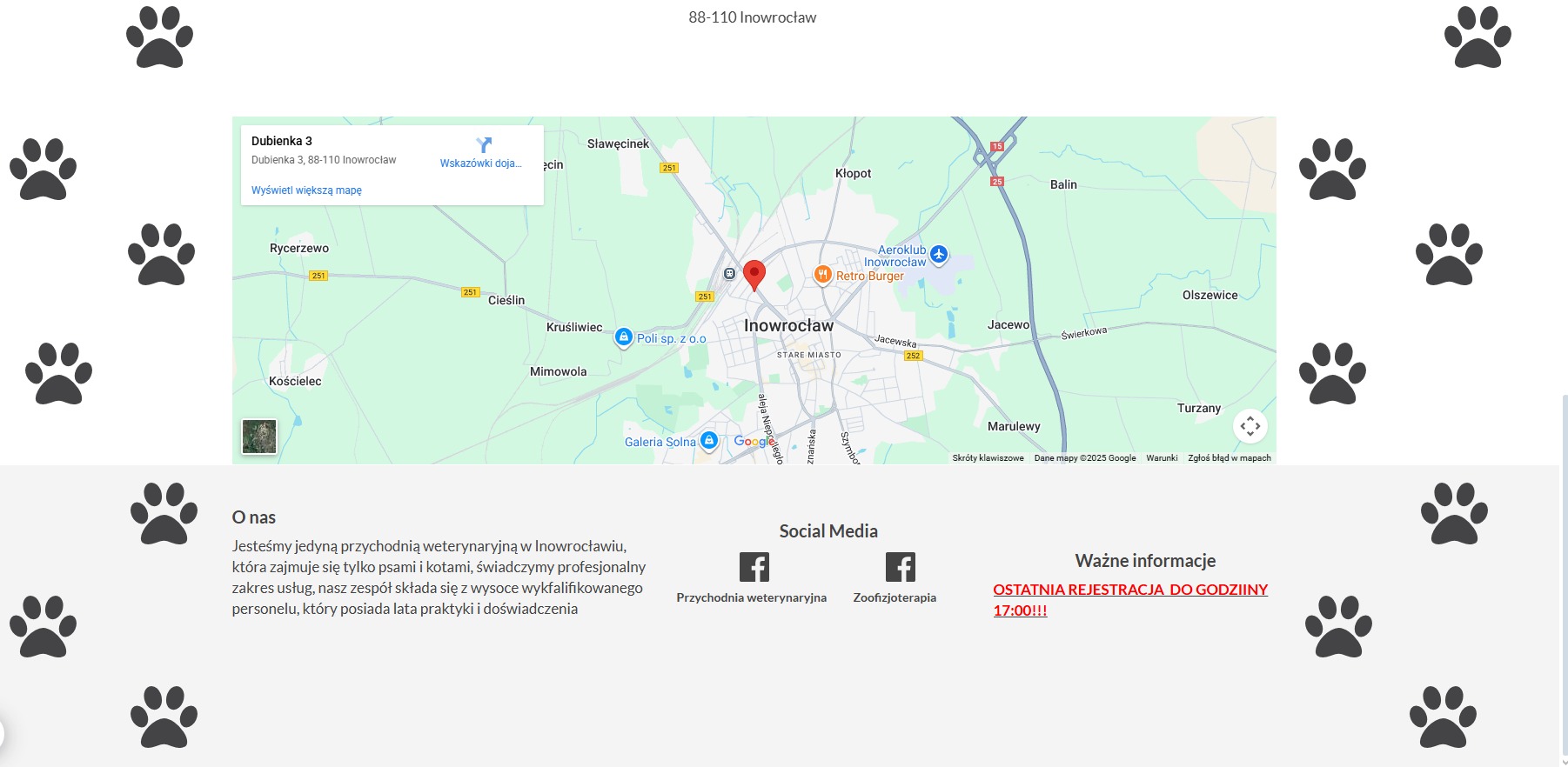 Mapa Inowrocławia z pinezką przychodni weterynaryjnej Dubienka 3, otoczona grafiką psich łap. Informacja o ostatniej rejestracji do 17:00 i linki do social mediów.