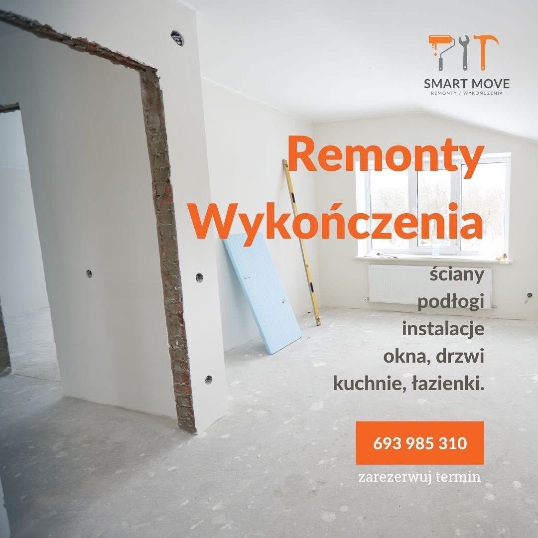 Wnętrze w trakcie remontu: surowe ściany, widoczne instalacje, okno. Reklama firmy remontowej z hasłem 'Remonty Wykończenia' i numerem telefonu.