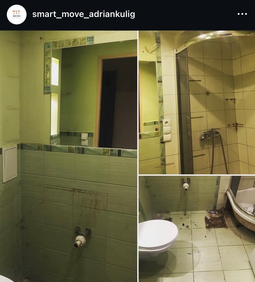 Zielona łazienka przed remontem: stare płytki, brudne ściany, brakujące elementy wyposażenia. Widoczne ślady demontażu i przygotowania do prac wykończeniowych.