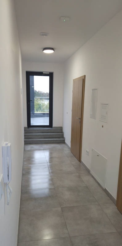 Wykończony korytarz z szarymi płytkami podłogowymi, białe ściany, drzwi wejściowe z czarną ramą i drewniane drzwi wewnętrzne. Nowoczesne oświetlenie sufitowe.