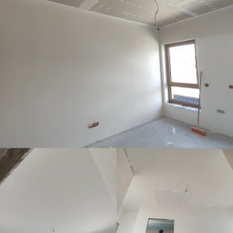 Radosław Sobczyk - Wnętrze po szpachlowaniu i gruntowaniu ścian, gotowe do malowania. Widoczne gładkie powierzchnie, okno z parapetem i wystające kable. Na podłodze leży zmiotka.