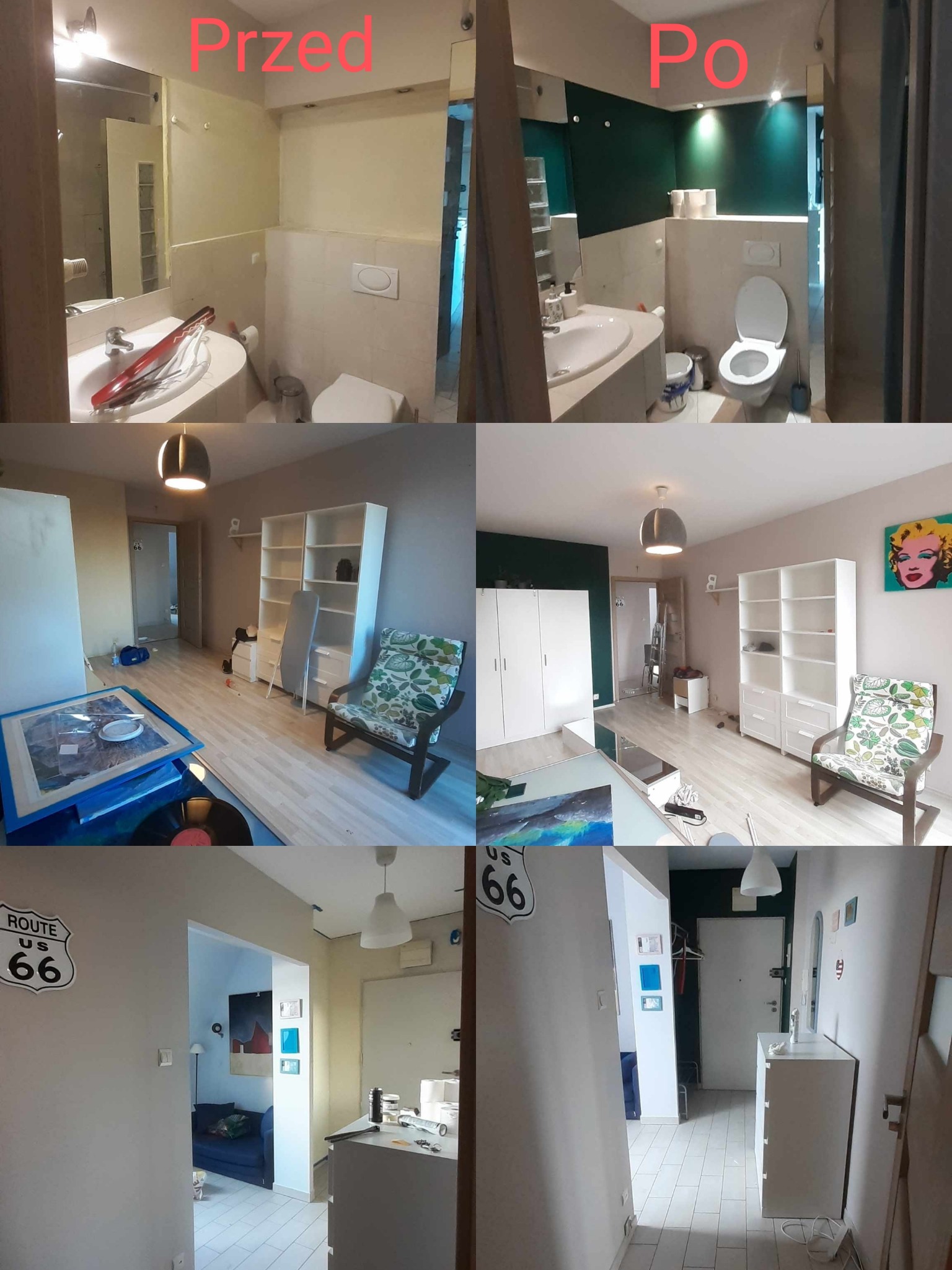 Kompozycja 'przed i po' prezentująca odnowione wnętrza: łazienki, salonu i korytarza. Widoczne zmiany w kolorystyce ścian, oświetleniu i wyposażeniu.