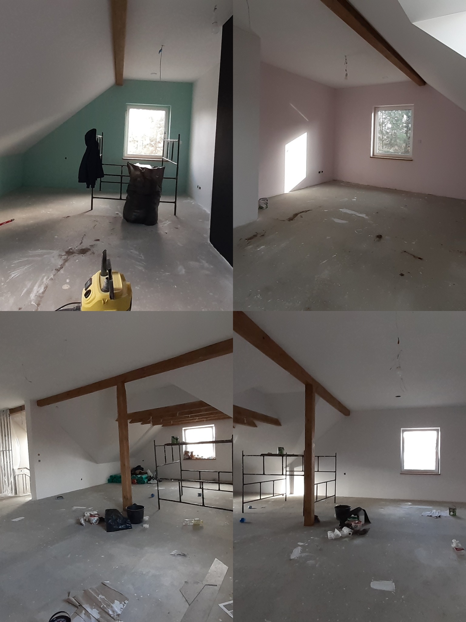 Czteropanelowe ujęcie poddasza: ściany w odcieniach zieleni i różu, surowe drewniane belki, okno z widokiem na drzewa, sprzęt budowlany i resztki materiałów po remoncie.