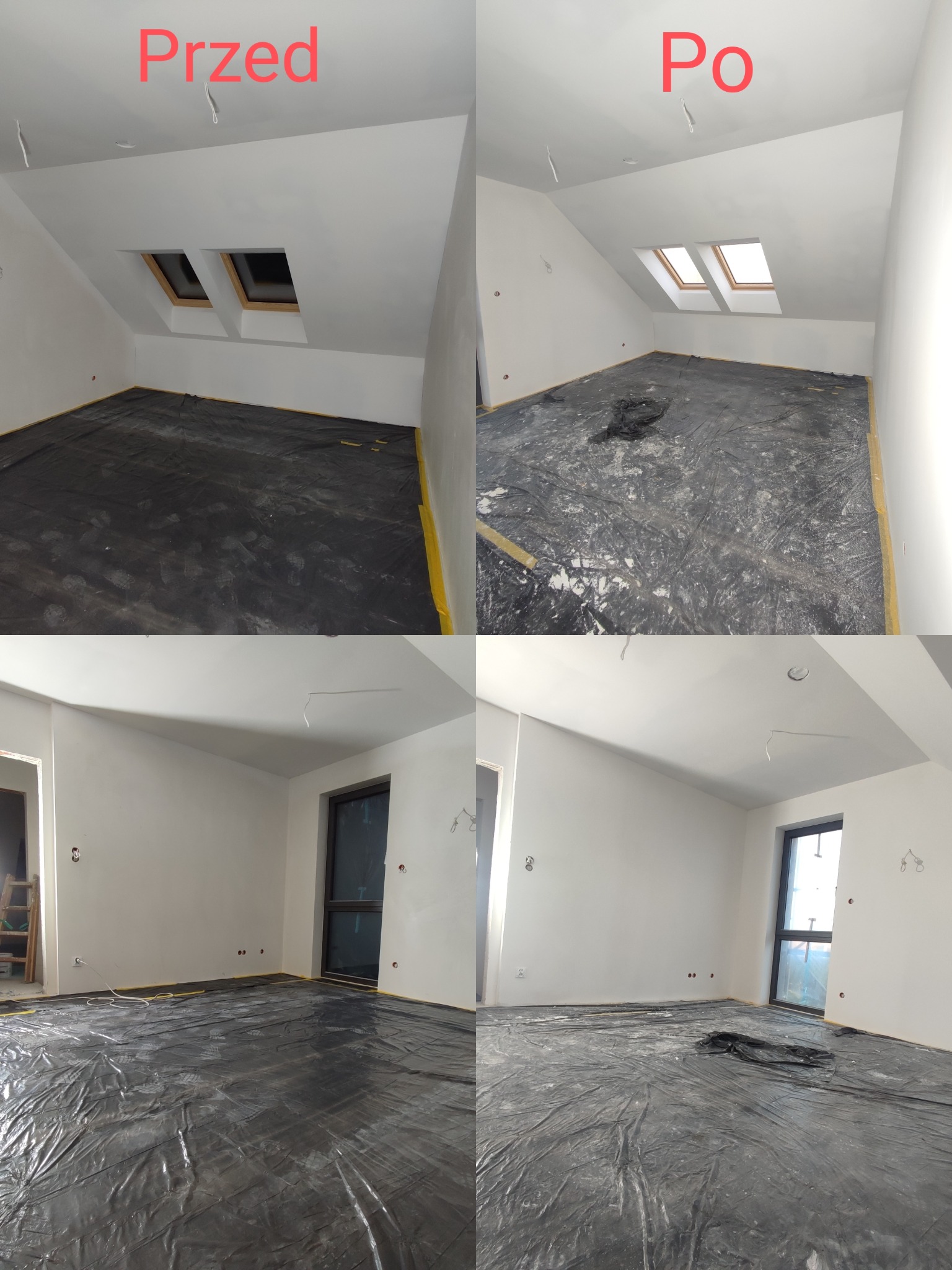 Pokój na poddaszu w trakcie prac wykończeniowych. Widok przed i po malowaniu ścian na biało. Podłoga zabezpieczona folią. Okna dachowe i standardowe.