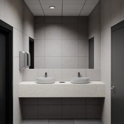 P2Studio Mateusz Grzesik - Nowoczesna łazienka publiczna z dwoma okrągłymi umywalkami na blacie z jasnego kamienia. Szare płytki na ścianach i podłodze, duże lustro, czarne drzwi i dyspenser do ręczników.