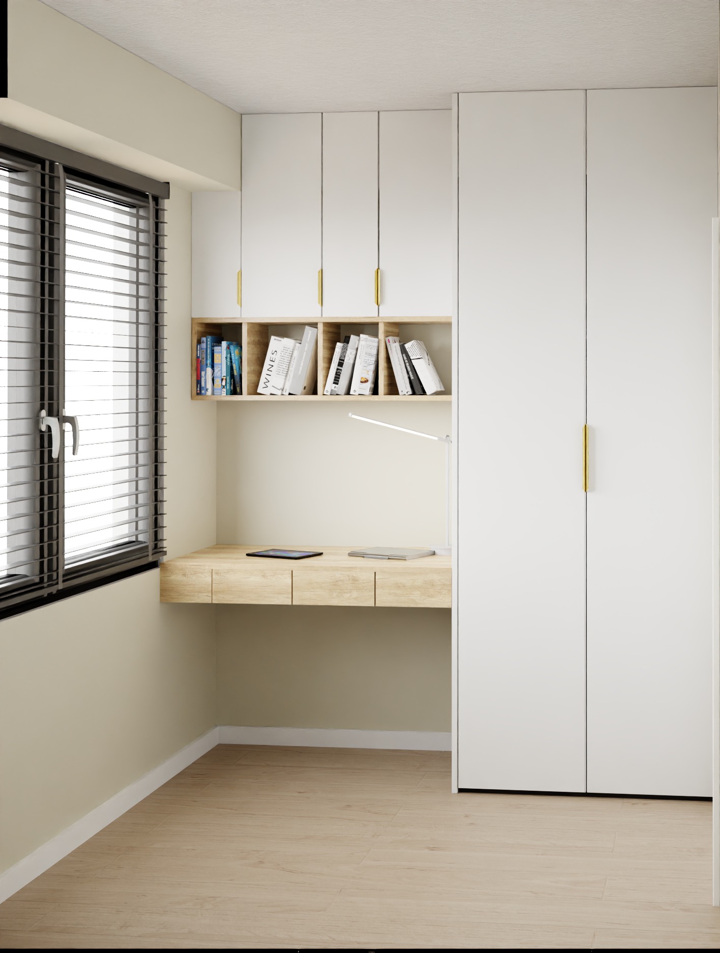 Nowoczesny pokój z biurkiem z drewna, białymi szafkami i półkami na książki. Minimalistyczny design, jasne wnętrze z oknem z żaluzjami. Tablet i lampka na biurku.