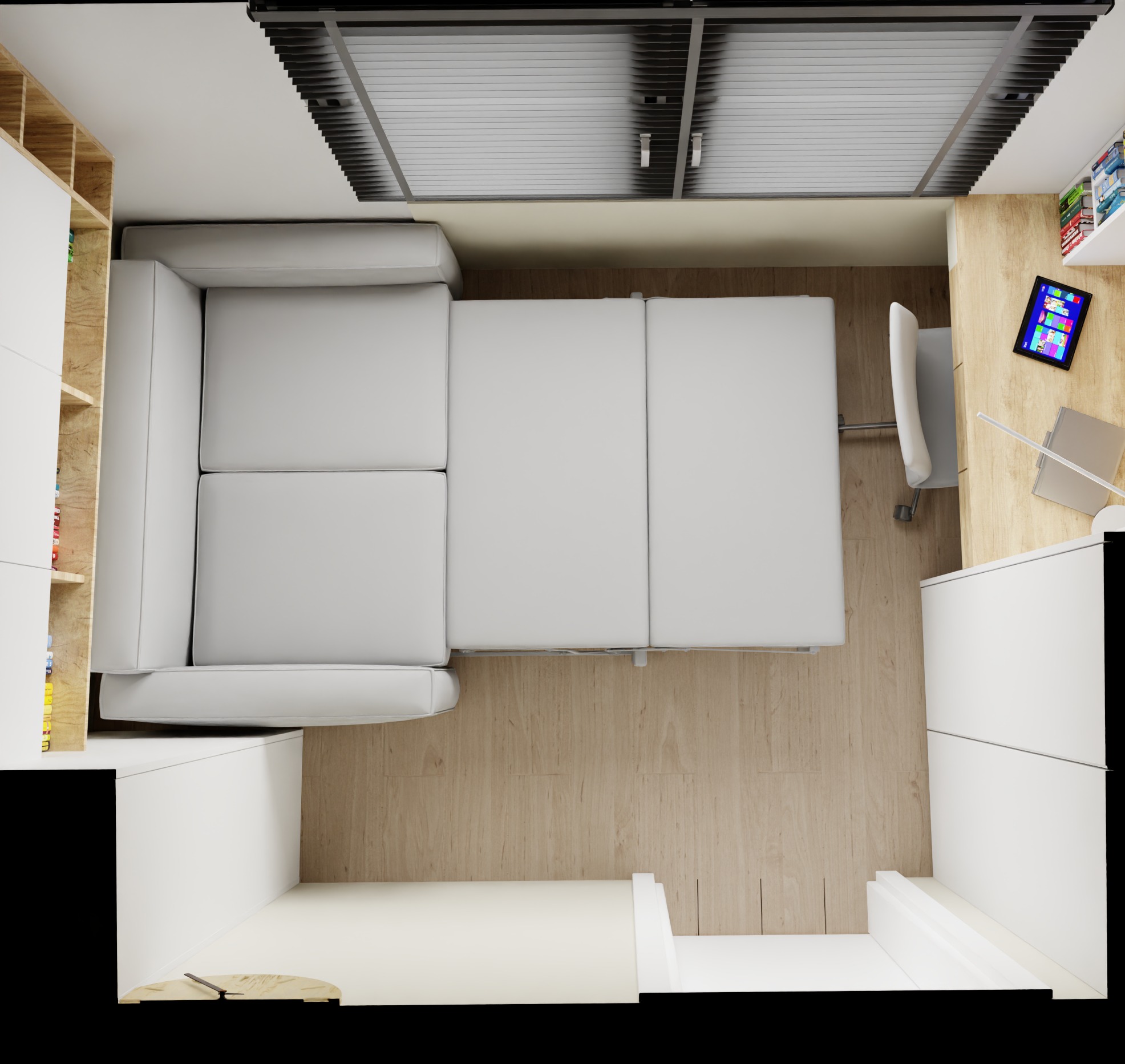 Wizualizacja pokoju z rozkładaną sofą, biurkiem z tabletem i krzesłem, widziana z góry. Jasne kolory, minimalistyczny styl, drewniana podłoga i regał z książkami.