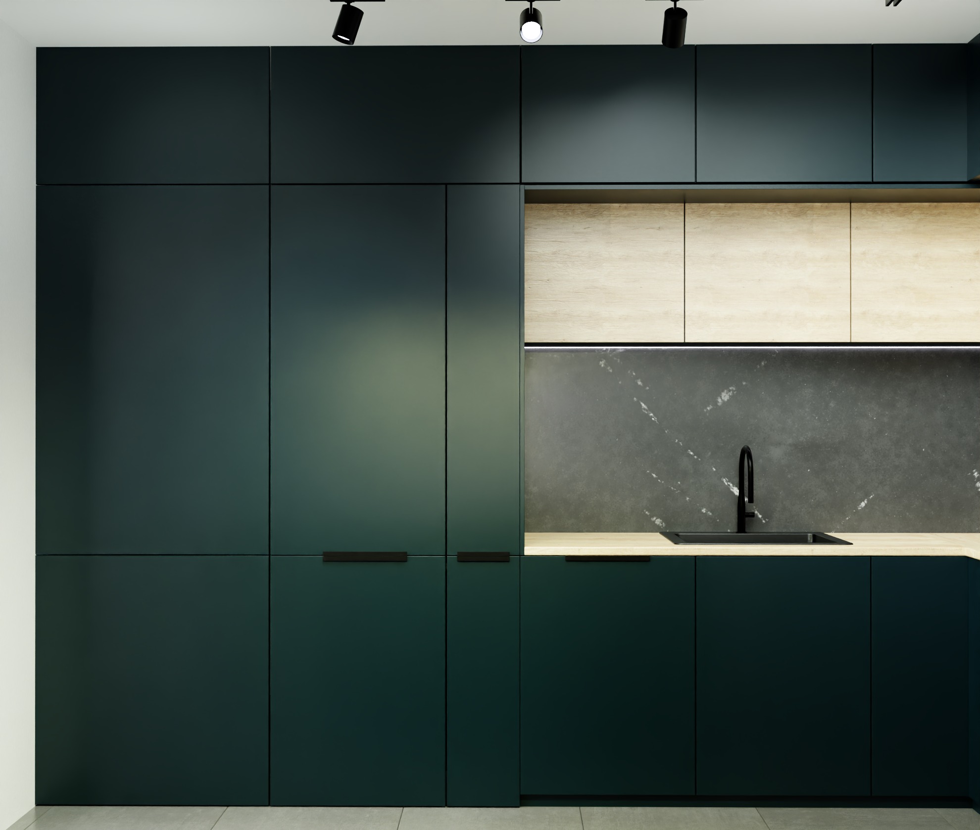 Nowoczesna kuchnia z ciemnozielonymi szafkami, drewnianymi blatami i czarną armaturą. Minimalistyczny design, oświetlenie punktowe.