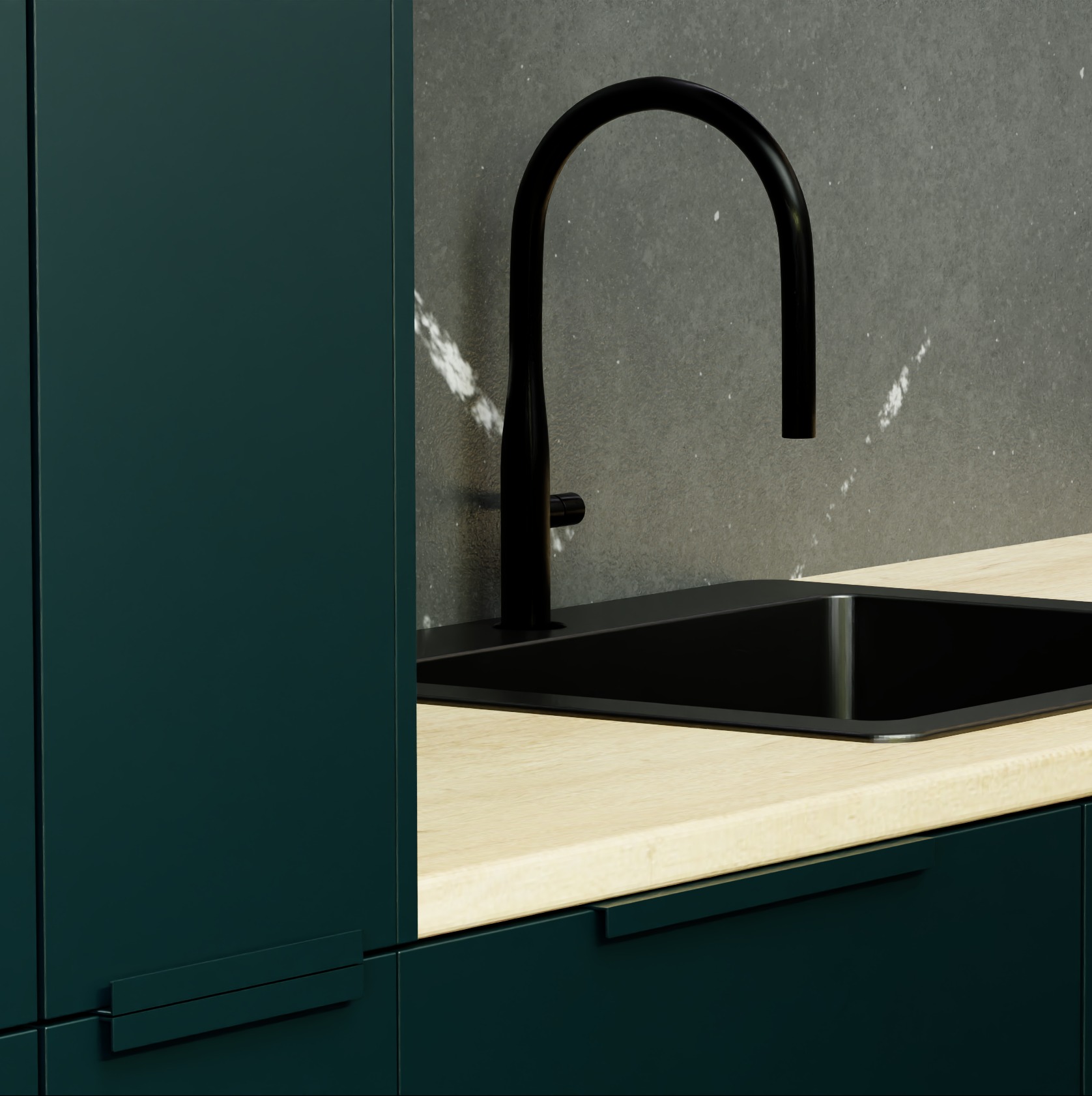 Nowoczesna, minimalistyczna kuchnia: ciemnozielone szafki, jasny blat i czarny zlew z baterią na tle szarej ściany z białymi żyłkami. Ujęcie z bliska, detale wykończenia.