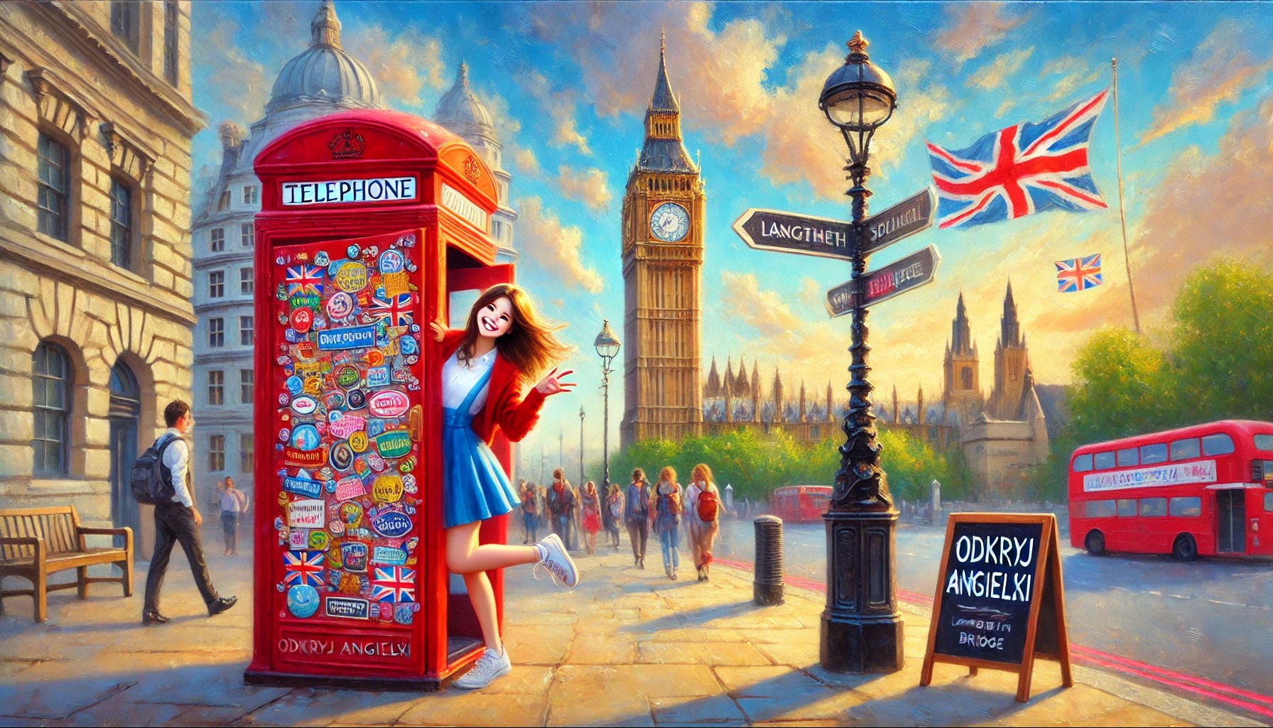 Uśmiechnięta dziewczyna w budce telefonicznej w Londynie, Big Ben w tle. Tablica z napisem 'Odkryj Angielski'. Nauka języka przez doświadczenie.