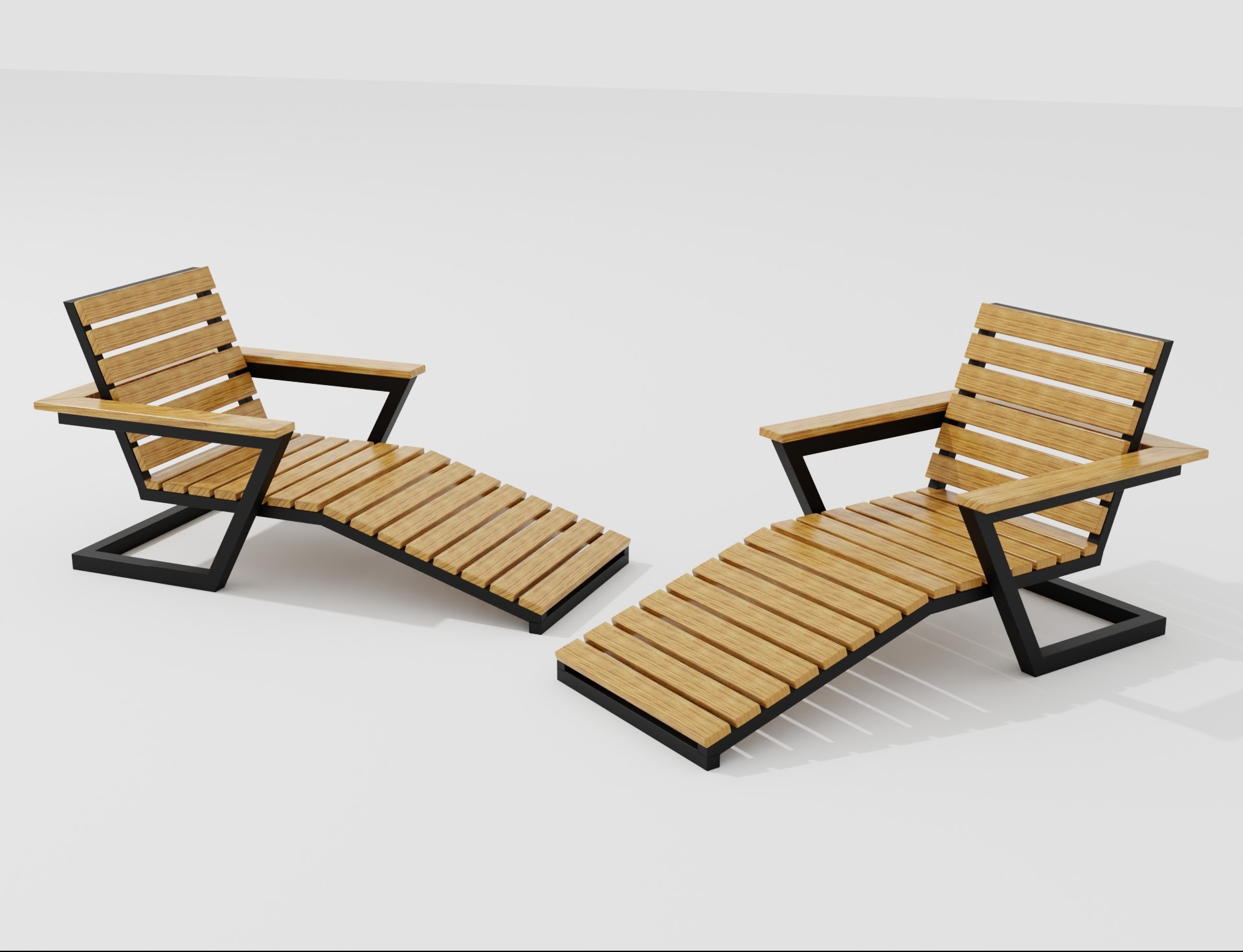 Dwa nowoczesne leżaki z drewnianymi listwami i czarną, metalową ramą na białym tle. Minimalistyczny design, równoległe ułożenie, render 3D.
