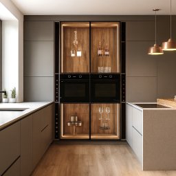 BISO Studio Kreatywne Izabela Bojer - Nowoczesna kuchnia w odcieniach szarości z drewnianymi akcentami, oświetleniem LED i dwiema wbudowanymi piekarnikami. Minimalistyczny design z wyspą i drewnianą podłogą.