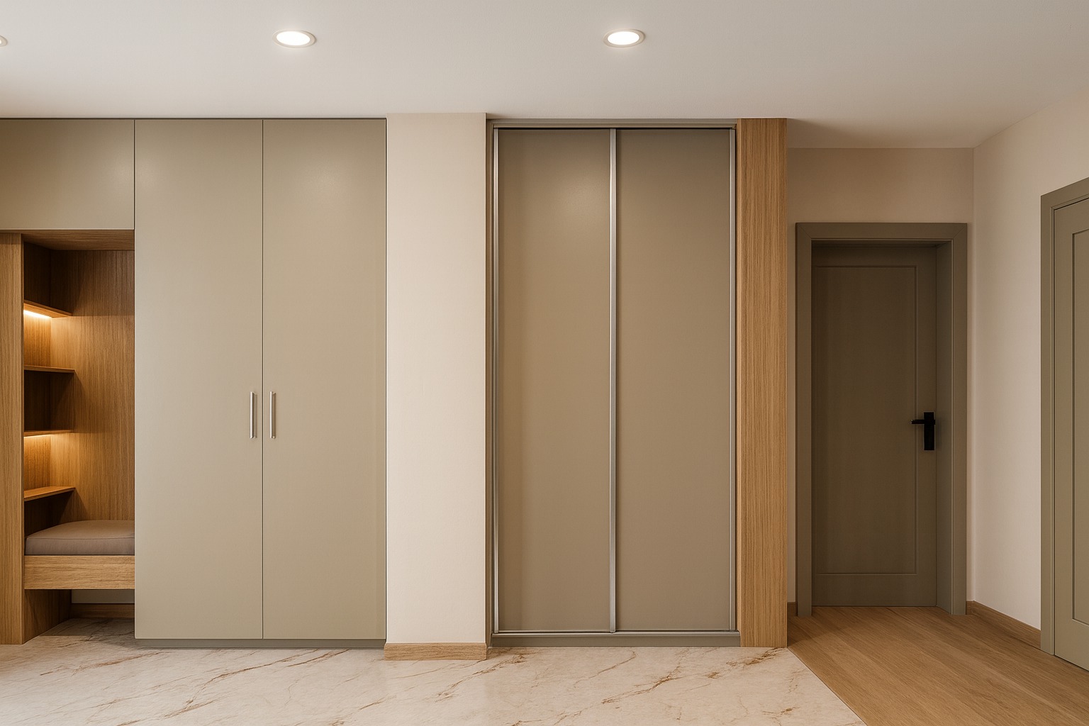 Beżowa zabudowa meblowa z szafą przesuwną i siedziskiem z półkami, oświetlona punktowo, na marmurowej podłodze. Dwoje drzwi w odcieniach beżu.