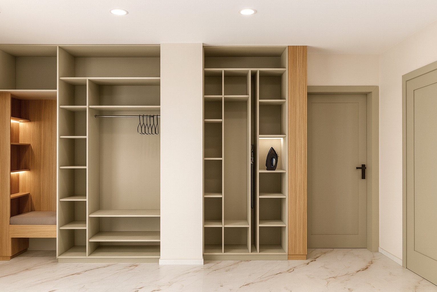 Nowoczesna garderoba z siedziskiem i oświetleniem LED, minimalistyczny design, beżowa kolorystyka, marmurowa podłoga, żelazko jako element dekoracyjny.