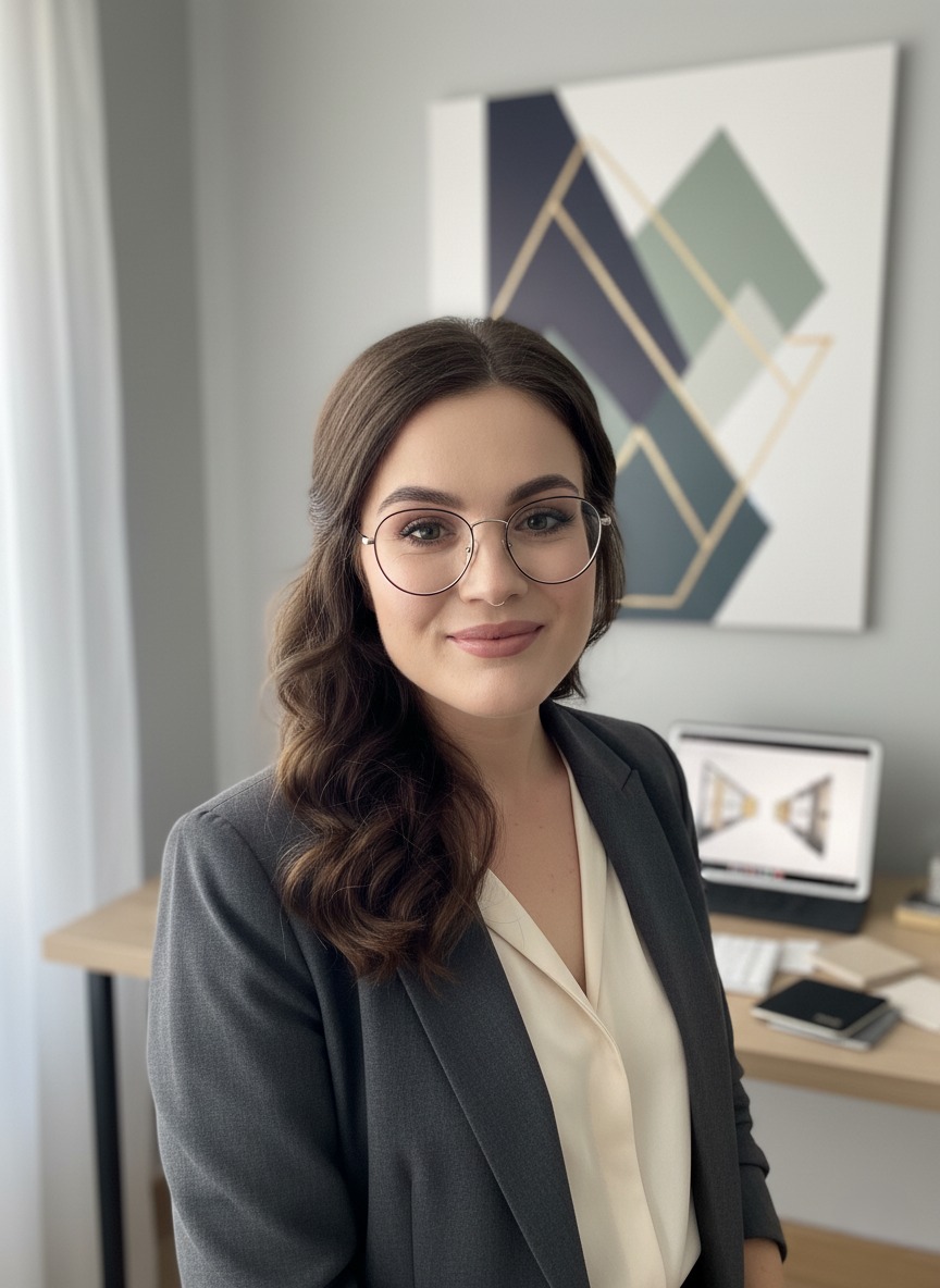 Uśmiechnięta kobieta w okularach i marynarce, z laptopem i abstrakcyjnym obrazem w tle. Profesjonalny portret w jasnym wnętrzu, z widocznymi próbkami materiałów na biurku.