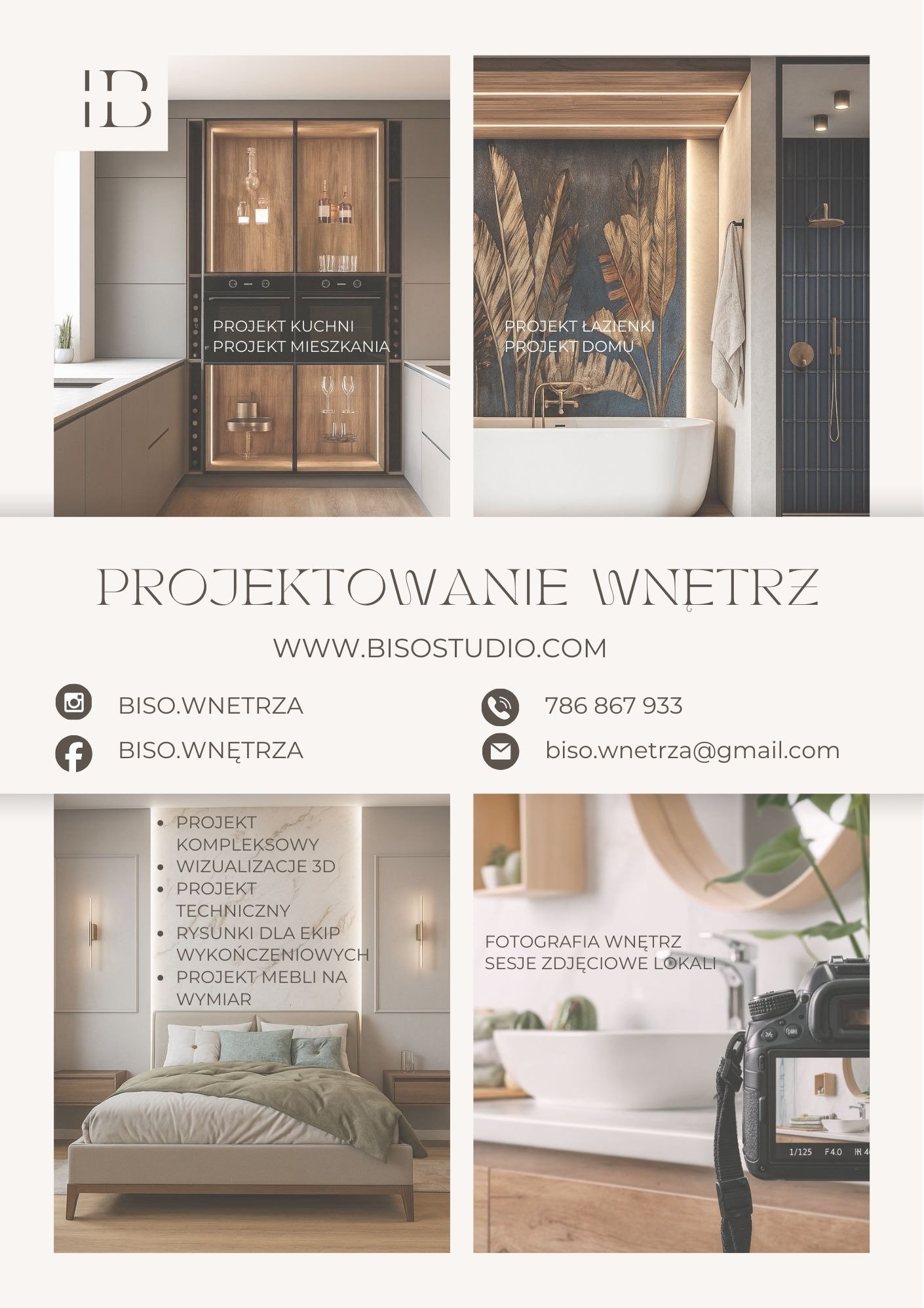 Kolaż czterech zdjęć wnętrz: kuchni z barkiem, łazienki z wanną, sypialni z łóżkiem i umywalki z lustrem, prezentowanych przez studio projektowania wnętrz.