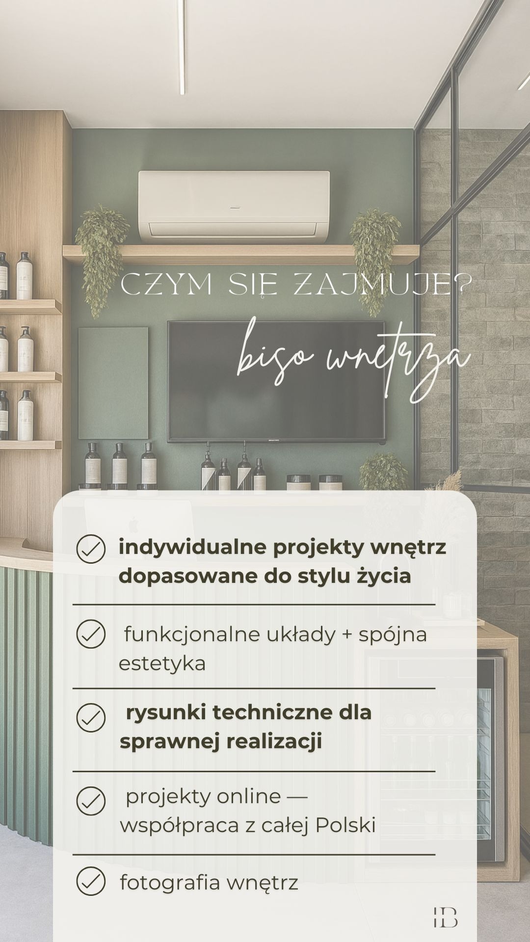 Nowoczesne wnętrze z klimatyzacją, roślinami i półkami. Grafika z ofertą projektowania wnętrz, rysunków technicznych i fotografii. Bigo Wnętrza.