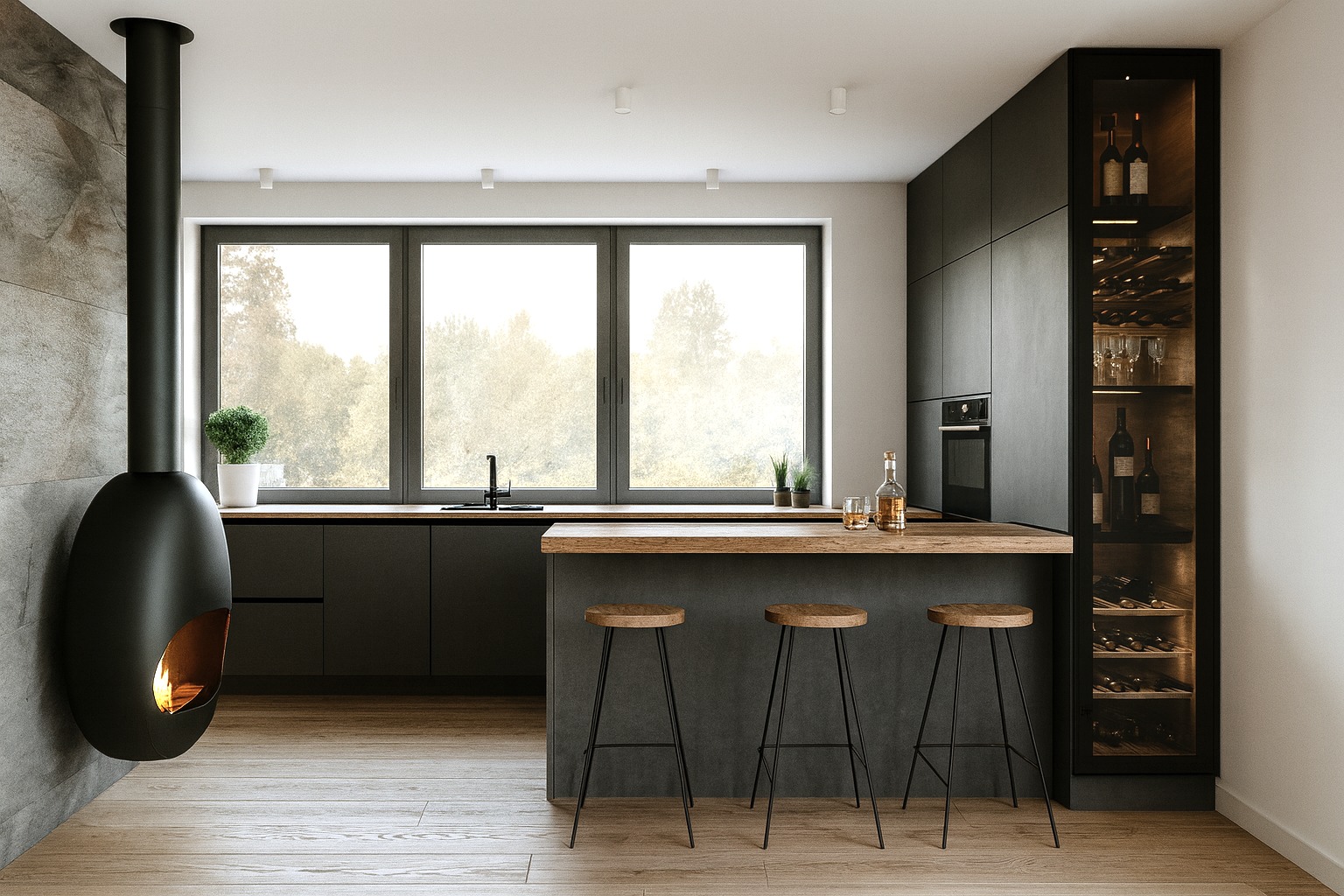 Nowoczesna kuchnia z czarnymi szafkami, drewnianym blatem i wiszącym kominkiem. Minimalistyczny design z oknem na zewnątrz i barkiem z trzema stołkami.