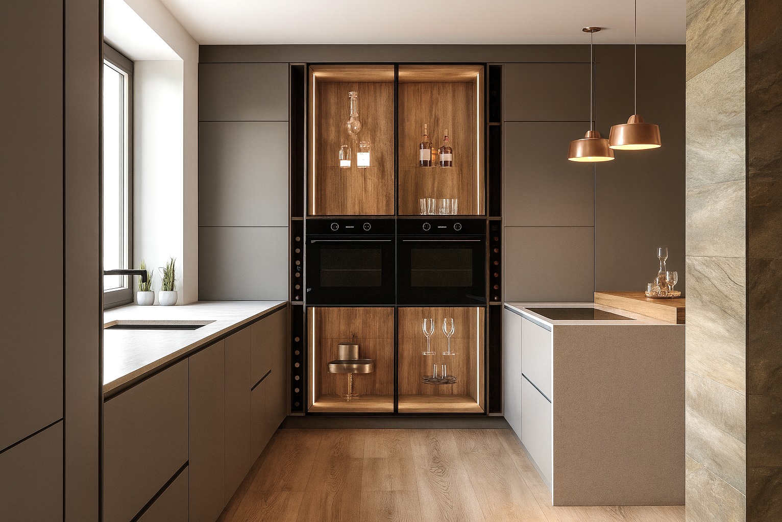 Nowoczesna kuchnia w odcieniach szarości z drewnianymi akcentami, oświetleniem LED i dwiema wbudowanymi piekarnikami. Minimalistyczny design z wyspą i drewnianą podłogą.