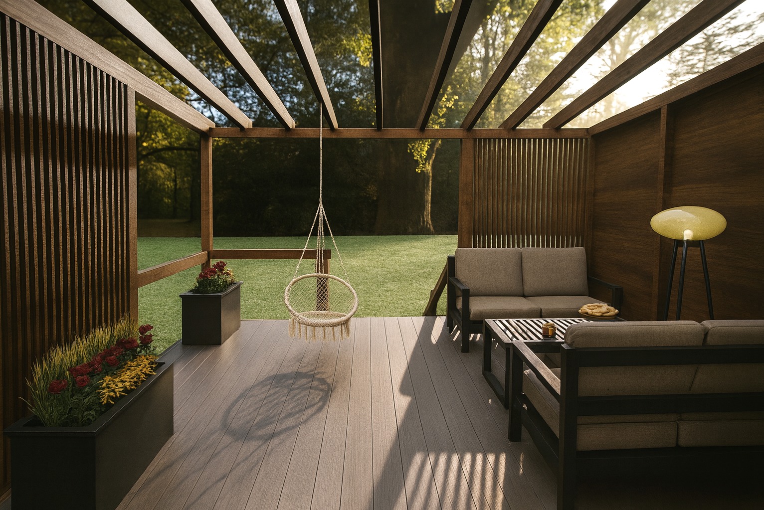 Zadaszony taras z drewnianą podłogą, wiszącym fotelem i meblami ogrodowymi. W tle zieleń trawnika i drzew. Oświetlenie słoneczne tworzy cienie na podłodze.