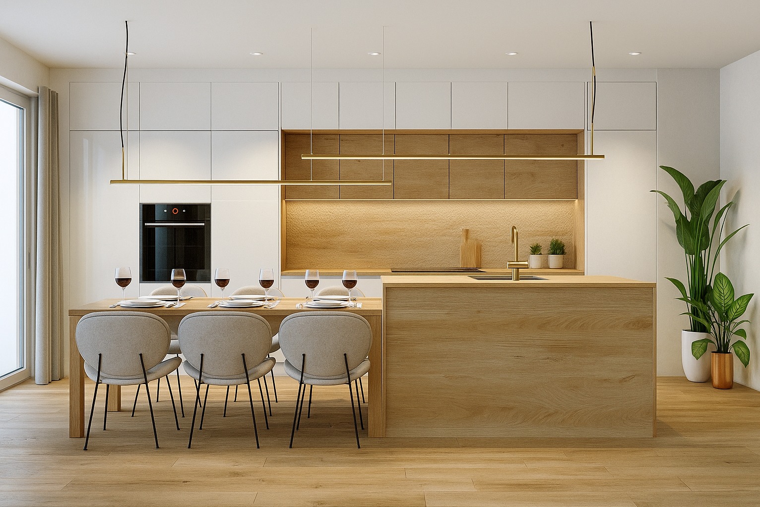 Nowoczesna kuchnia z drewnianą wyspą i stołem jadalnym, oświetlona złotymi lampami wiszącymi. Minimalistyczny design, ciepłe oświetlenie, rośliny doniczkowe.