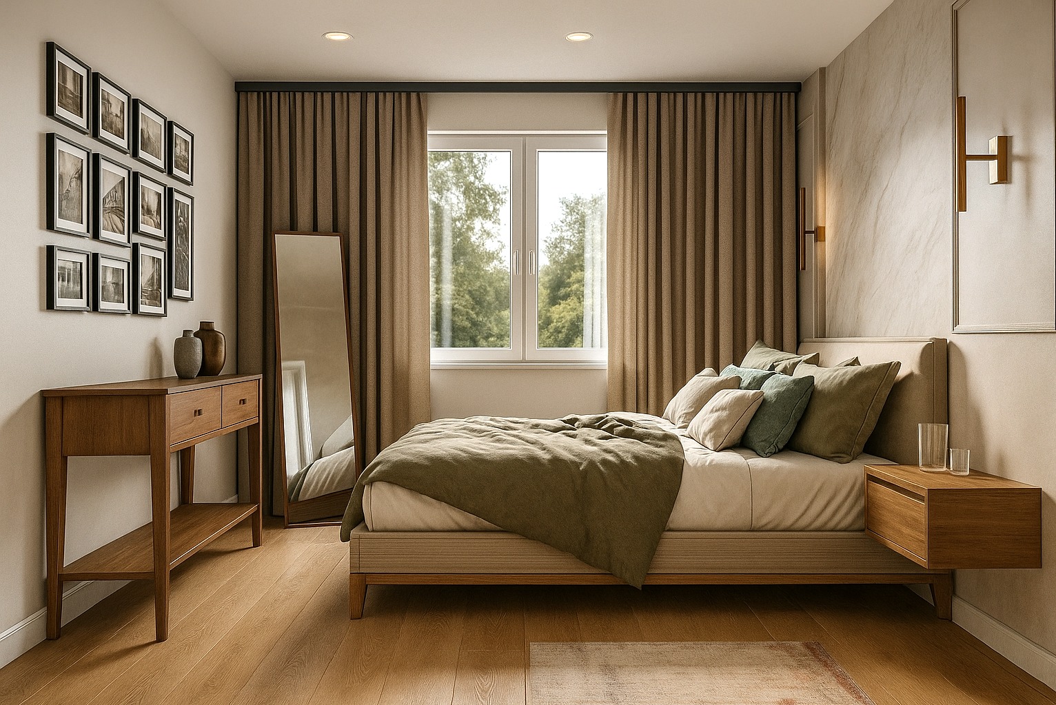 Jasna sypialnia z drewnianą konsolą, lustrem w ramie i łóżkiem z zieloną narzutą. Okno z widokiem na zieleń. Minimalistyczne oświetlenie i dekoracje ścienne.