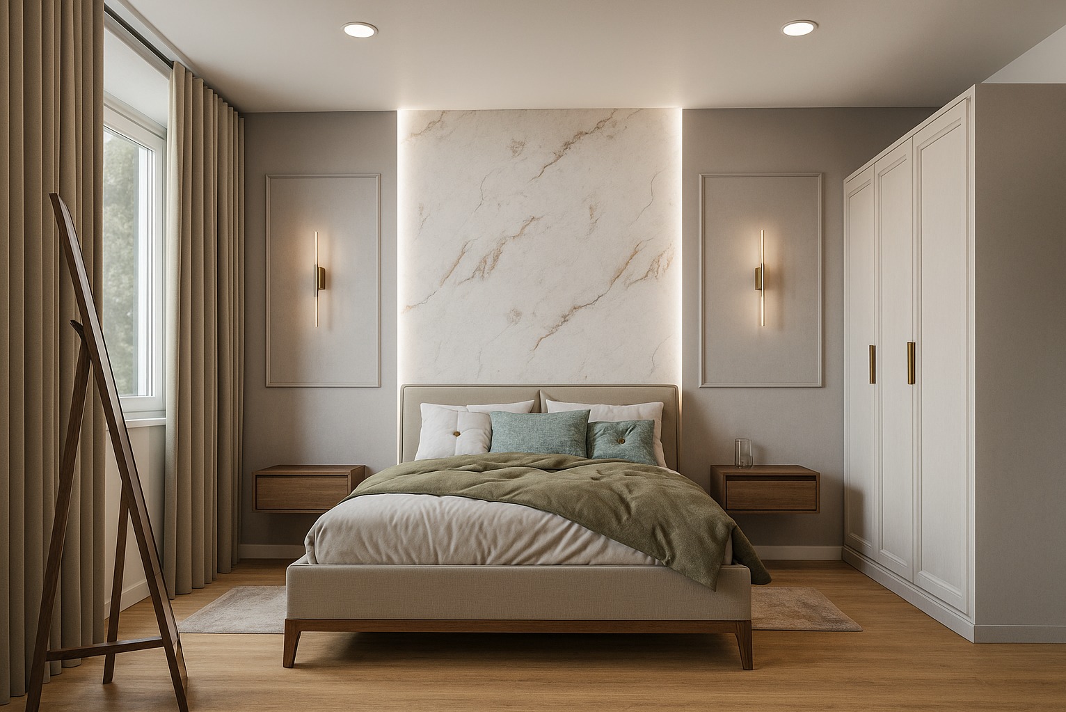 Elegancka sypialnia z łóżkiem, szafkami nocnymi i lustrem. Marmurowa ściana za wezgłowiem, oświetlenie punktowe i drewniana podłoga tworzą przytulną atmosferę.