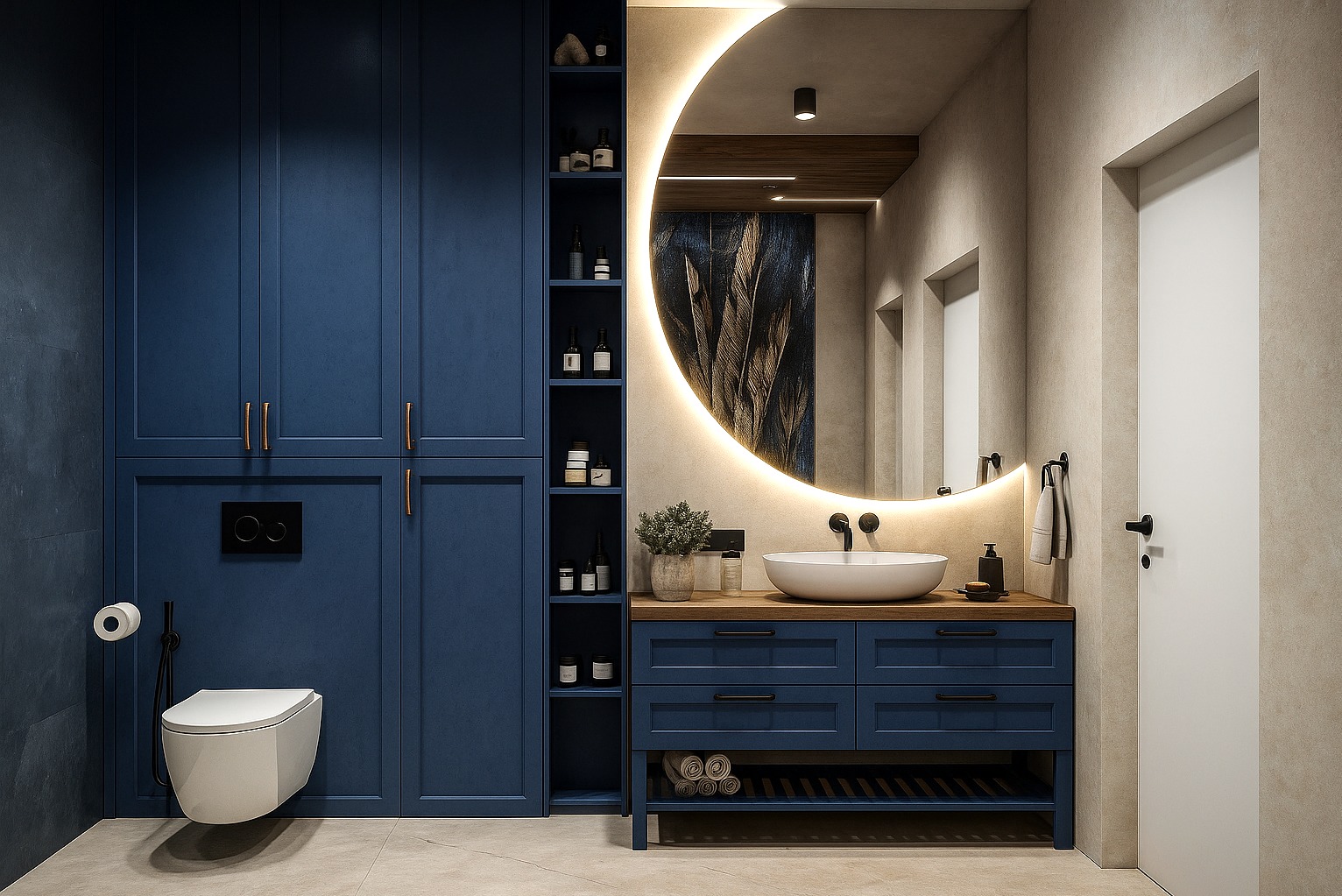 Niebieska zabudowa łazienkowa z szafkami, toaletą i okrągłym lustrem z podświetleniem LED. Nowoczesny design z elementami drewna i beżowych ścian.