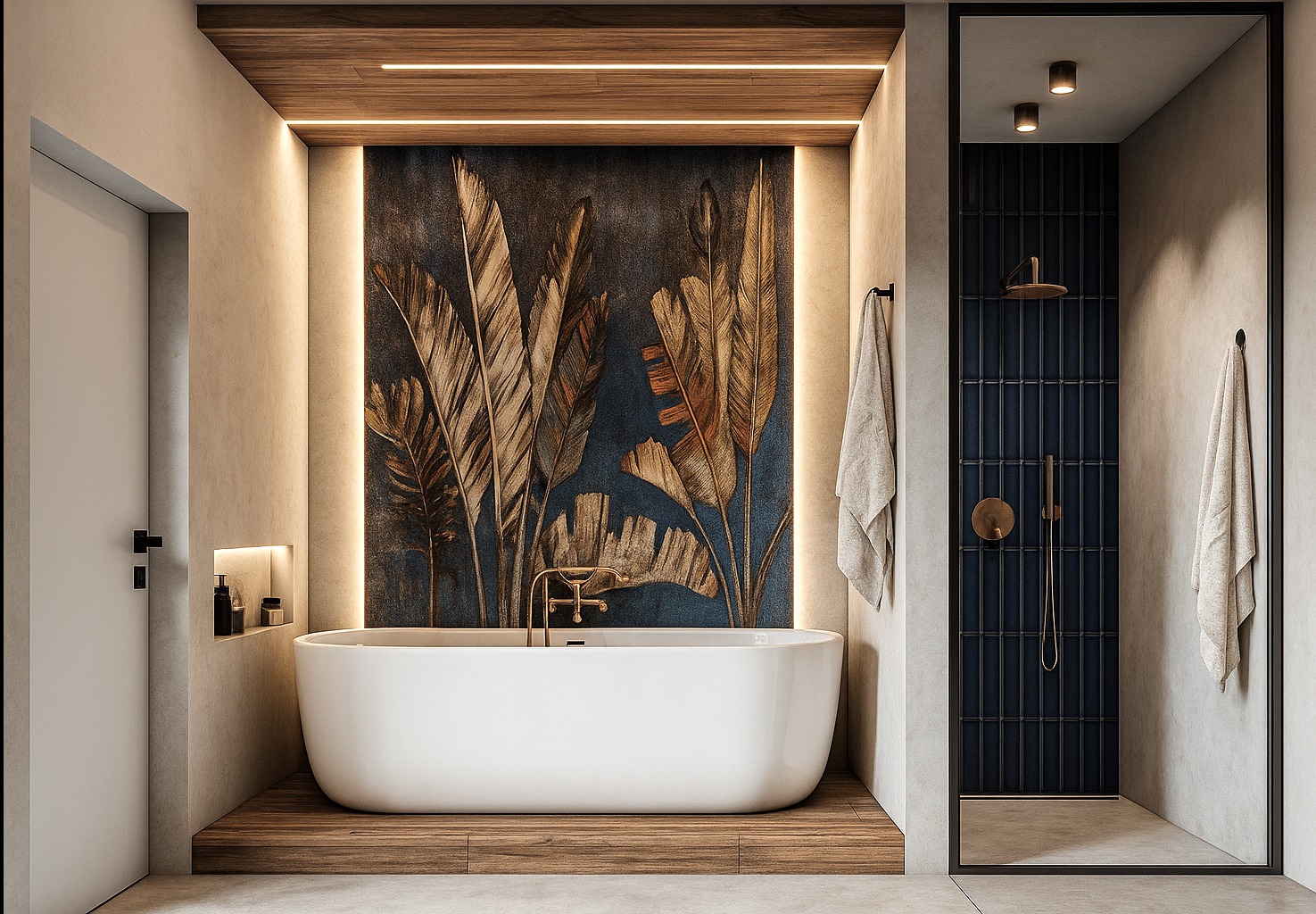 Nowoczesna łazienka z wolnostojącą wanną na drewnianym podeście, dekoracyjną ścianą z motywem roślinnym i kabiną prysznicową z ciemnymi płytkami.