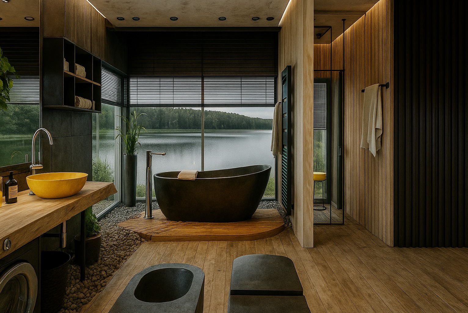 Nowoczesna łazienka z wanną wolnostojącą na tle okna z widokiem na jezioro. Żółta umywalka na drewnianym blacie, kamienne wykończenia i drewniane panele.