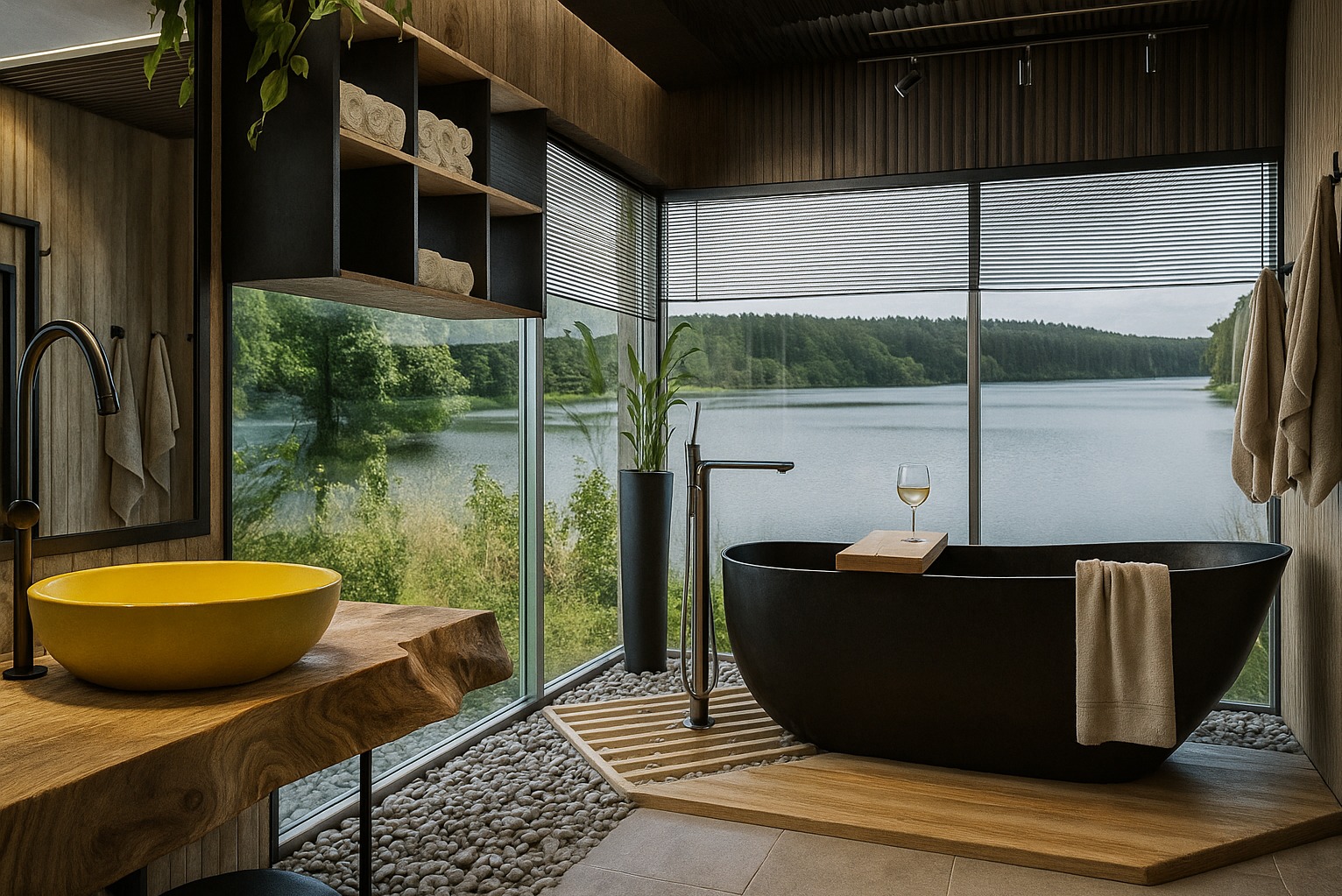 Stylowa aranżacja łazienki w Ozimku z wolnostojącą wanną na tle okna z widokiem na jezioro. Żółta umywalka na drewnianym blacie i minimalistyczne dodatki.