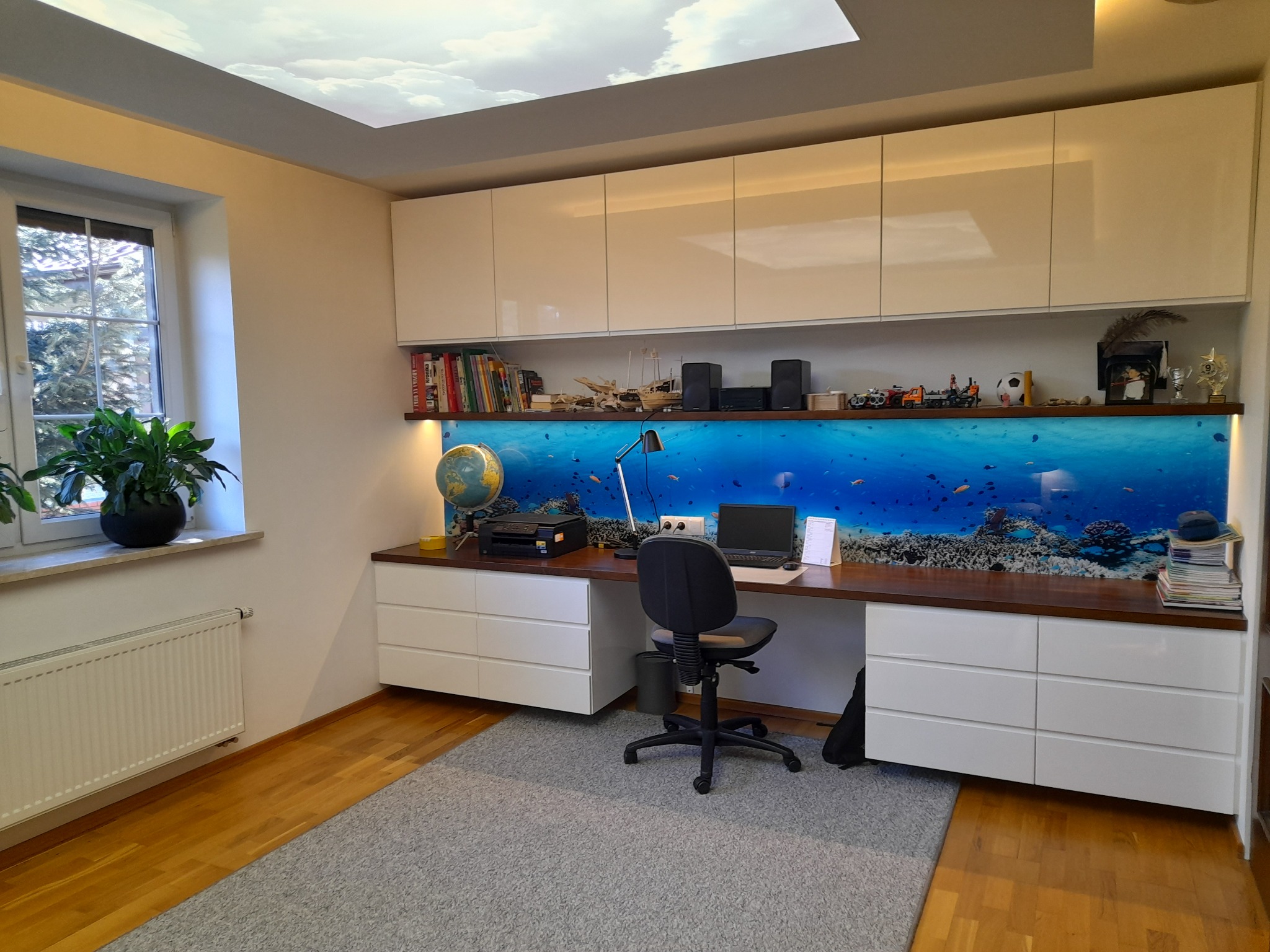 Pokój z biurkiem i szafkami w zabudowie, podświetlony panel z motywem rafy koralowej. Sufit podwieszany z oświetleniem imitującym niebo. Parkiet na podłodze.