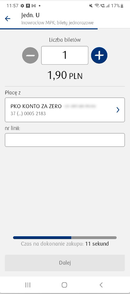 Ekran smartfona z aplikacją do zakupu biletu MPK Inowrocław. Wybrano 1 bilet za 1,90 PLN. Płatność z konta PKO. Czas na zakup: 11 sekund.
