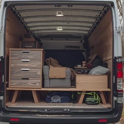 Widok z tyłu na wnętrze furgonetki z drewnianą zabudową: komoda z szufladami, fotel, stolik i torby. Przytulne wnętrze mobilnego domu na kółkach.