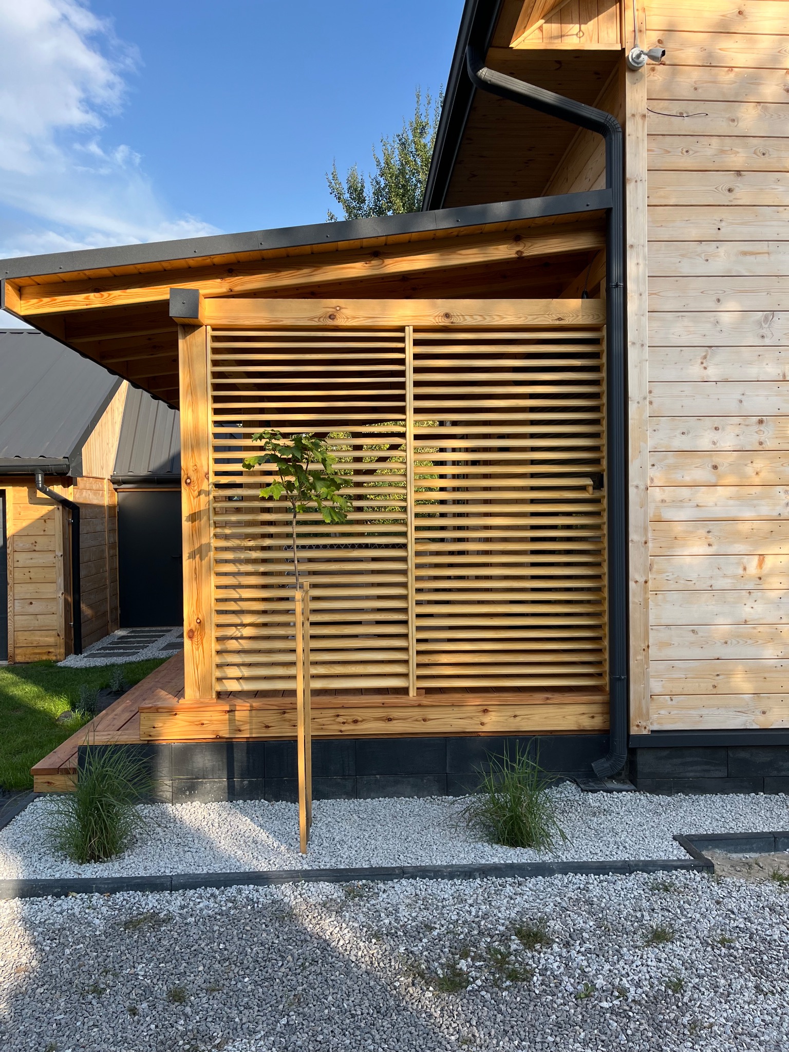 Nowoczesna, drewniana pergola z poziomymi listwami, osłaniająca taras. Jasne drewno, minimalistyczny design, małe drzewko przed konstrukcją. Widok na budynek z drewnianą elewacją.