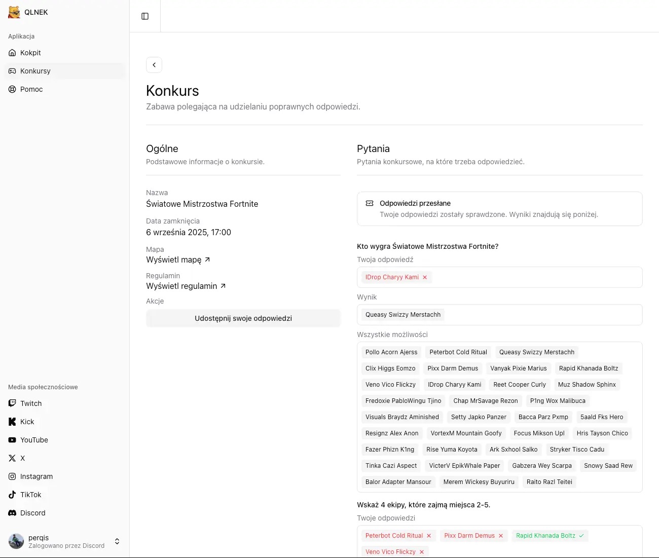 Interfejs aplikacji QLNEK z konkursem 'Światowe Mistrzostwa Fortnite'. Widoczne pytania, odpowiedzi i wyniki. Dostępne opcje udostępniania odpowiedzi i regulamin.