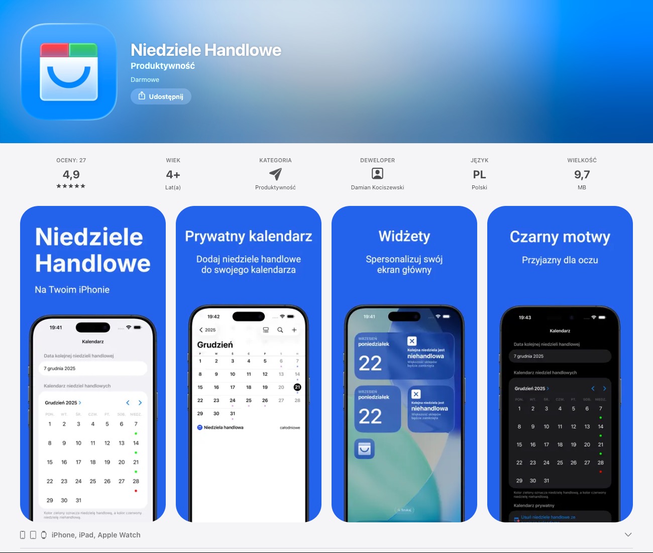 Ekran aplikacji mobilnej 'Niedziele Handlowe' z kalendarzem, widżetami i motywami. Prezentacja funkcji: prywatny kalendarz, personalizacja ekranu, przyjazny dla oczu.
