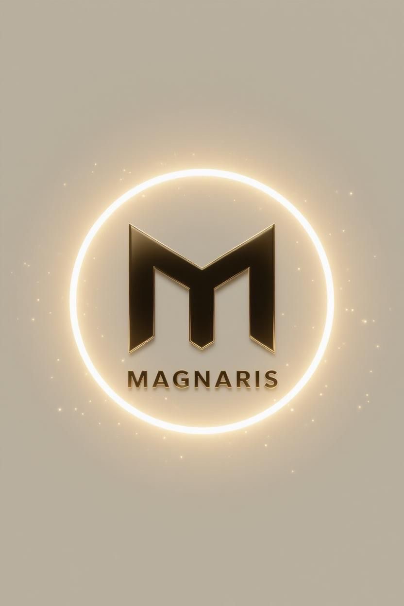 Złote logo firmy Magnaris z literą M w okręgu z efektem świetlnym na beżowym tle. Elegancki, nowoczesny design.