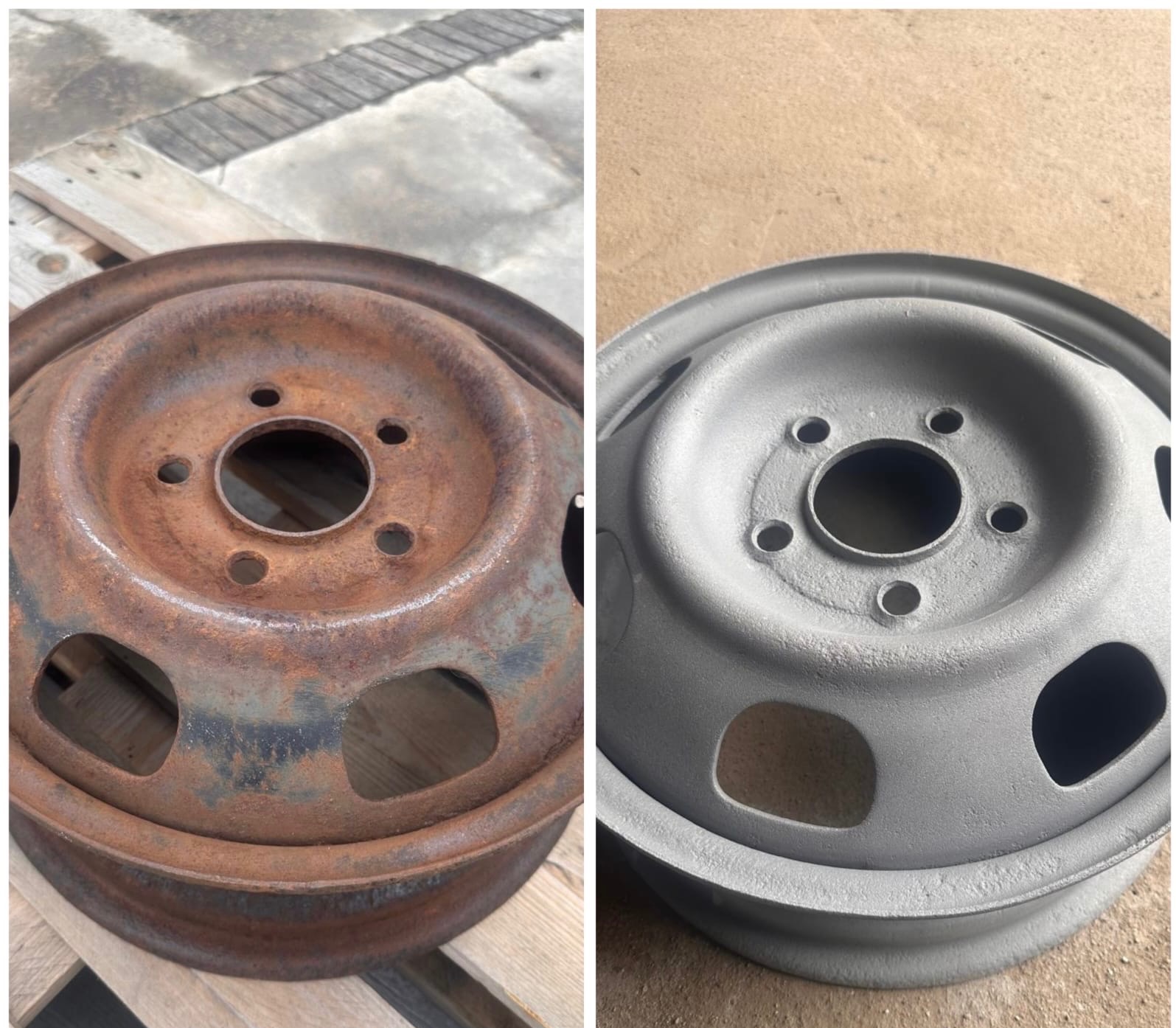 Obręcz samochodowa przed i po renowacji: zardzewiała po lewej, szara i odnowiona po prawej. Widoczne detale powierzchni i otwory montażowe.