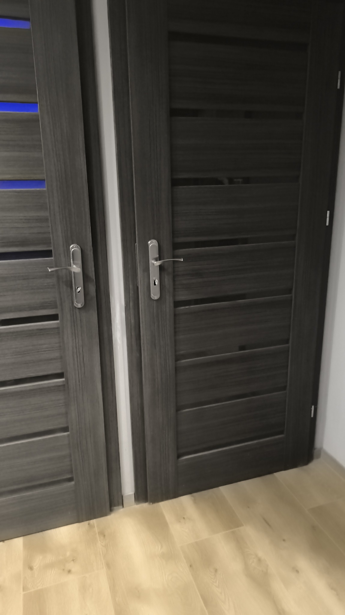 Zamknięte, nowoczesne drzwi wewnętrzne w odcieniach szarości z poziomymi panelami i srebrnymi klamkami, widoczne na tle jasnej podłogi.