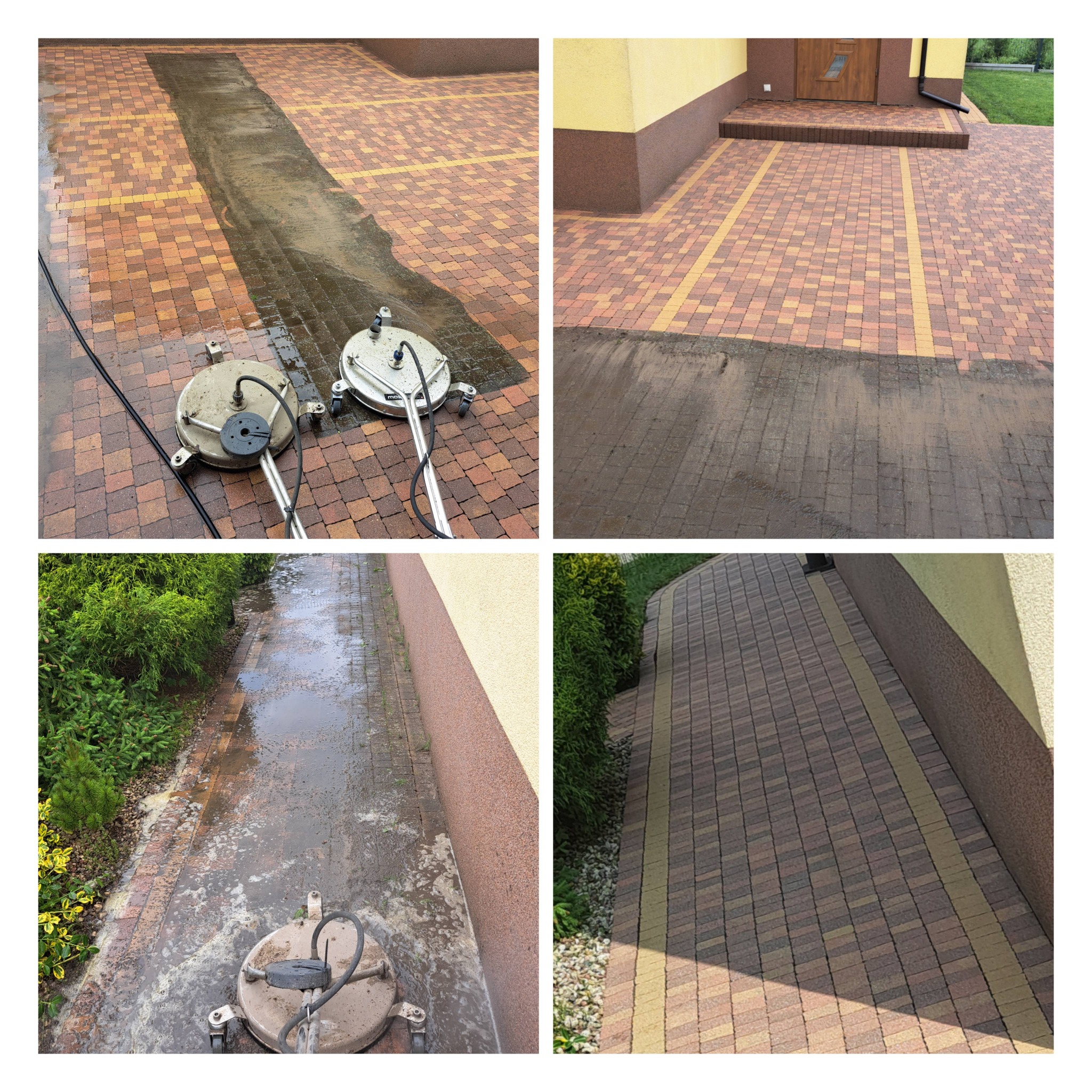 Cztery kadry: czyszczenie kostki brukowej urządzeniem ciśnieniowym, efekt przed i po, widok na czystą kostkę przy budynku i zieleni. Kontrast czystości.