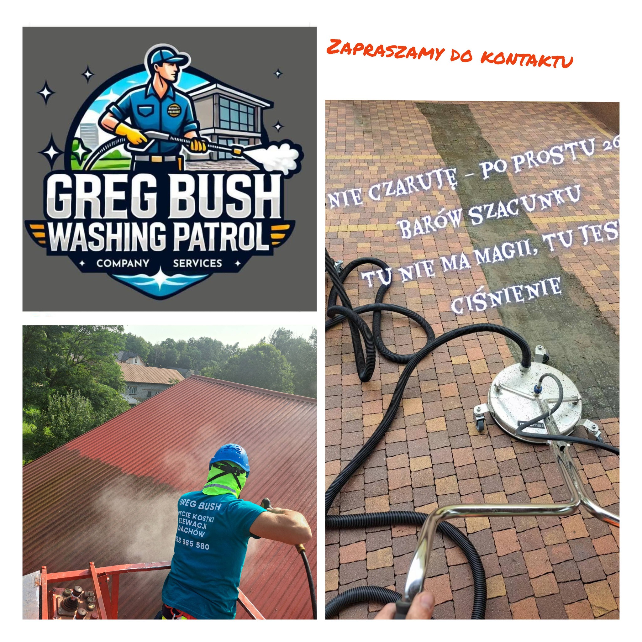 Kolaż: logo firmy czyszczącej, mycie dachu z podnośnika i kostka brukowa z napisem po czyszczeniu. Usługi czyszczenia ciśnieniowego.