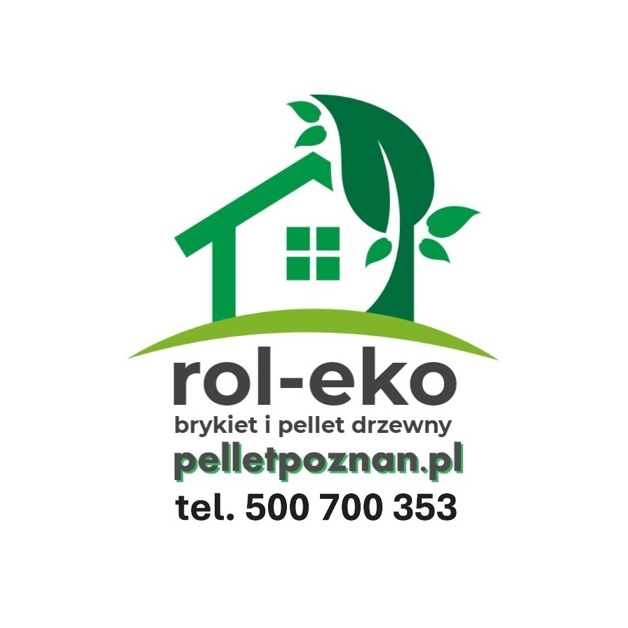 Zielone logo Rol-Eko z motywem domu i liścia, promujące brykiet i pellet drzewny. Kontakt: pelletpoznan.pl, tel. 500 700 353.