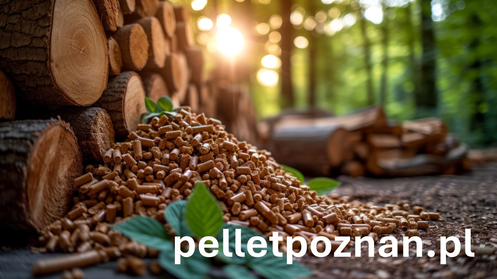 Góra pelletu drzewnego na tle stosu drewna i leśnego krajobrazu w słoneczny dzień. Widoczne zielone liście i tekst 'pelletpoznan.pl'.