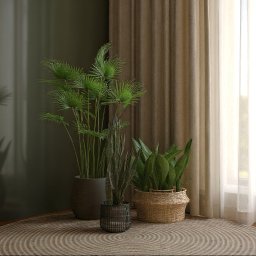 Totemi Marta Kowalska - Stylowa aranżacja wnętrza z roślinami doniczkowymi w różnych teksturach i odcieniach zieleni, ustawionymi na okrągłym dywanie w pobliżu okna z zasłonami.