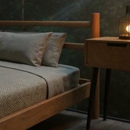 Totemi Marta Kowalska - Drewniane łóżko i szafka nocna z lampką w sypialni, tworzące przytulny klimat. Projekt sypialni w Bielsko-Białej z dbałością o detal.
